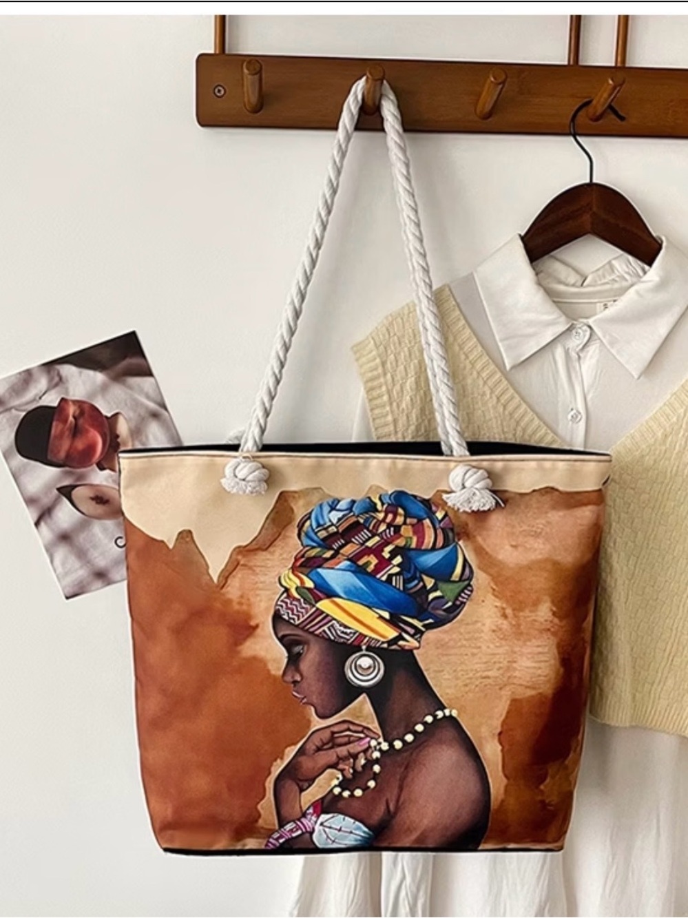 Brown Canvas Tote with Colorful Headwrap Portrait